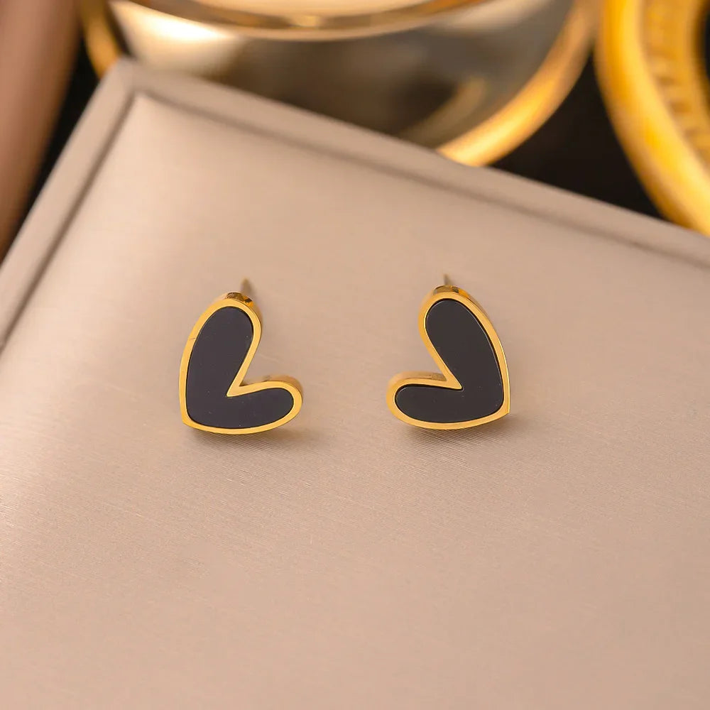 316L Stainless Steel Simple Cute Black And White Heart Stud Earrings For Women Fashion Girls Gold Color Jewelry Birthday Gifts