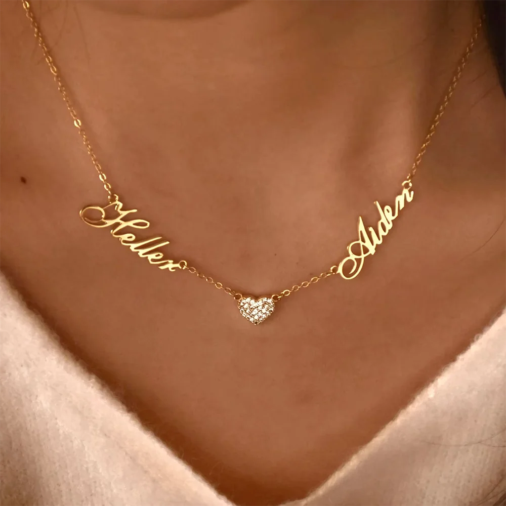 Custom Two Name Necklace For Women Christmas Multiple Names Zirconia Heart Necklaces Personalized Jewelry Couple Dainty Gift Mom