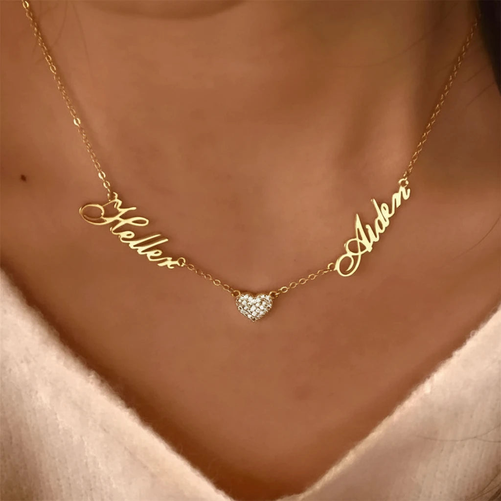 Custom Two Name Necklace For Women Christmas Multiple Names Zirconia Heart Necklaces Personalized Jewelry Couple Dainty Gift Mom