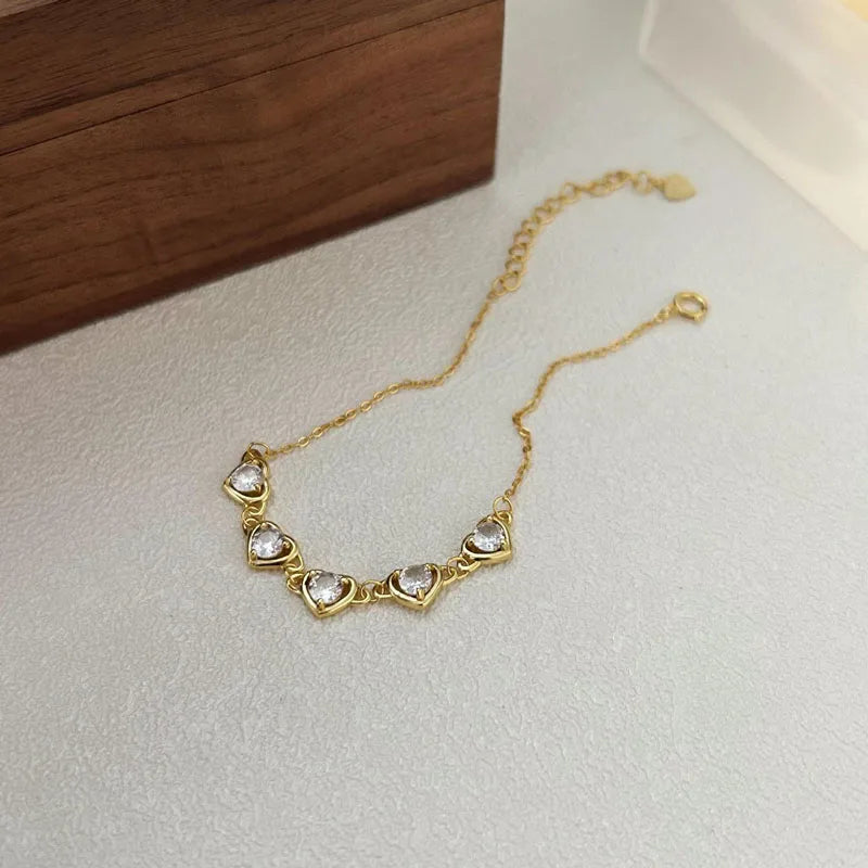 Vintage 925 Sterling Silver Luxury Heart Shape Zircon Wedding Charm Bracelet for Women