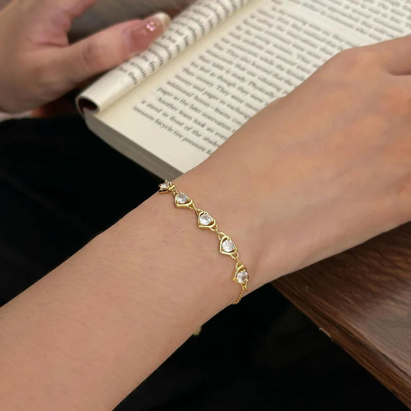 Vintage 925 Sterling Silver Luxury Heart Shape Zircon Wedding Charm Bracelet for Women