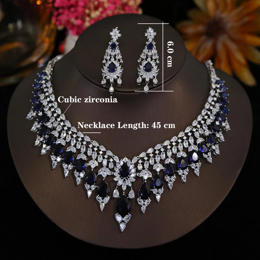 Bridal 2pcs Red And Blue Green Color Zirconia Big Jewelry Gift Set For Women Party, Luxury Dubai Nigeria CZ Crystal Wedding