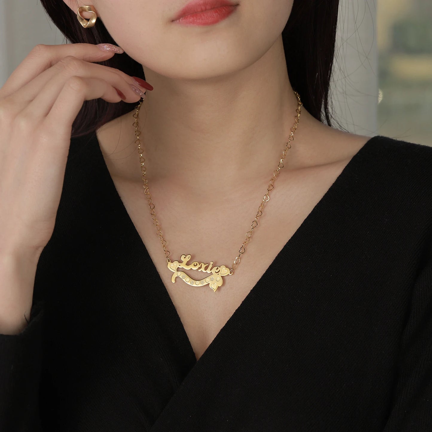 Custom Name Necklace With Heart 18K Gold Plated Two Tone Pendant Personalized Double Plate Nameplate Jewelry For Mother's Day