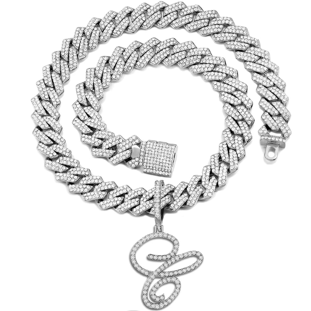 Iced Out Bling Zircon Cursive Letter Pendant Necklace For Women Men 14MM Prong Cuban Initial Name Necklaces Gifts Jewelry