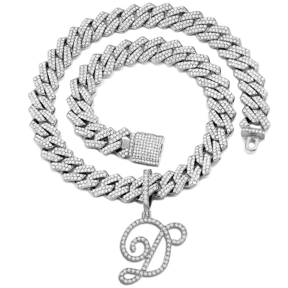 Iced Out Bling Zircon Cursive Letter Pendant Necklace For Women Men 14MM Prong Cuban Initial Name Necklaces Gifts Jewelry