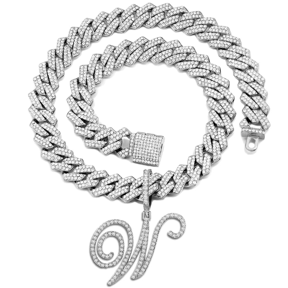 Iced Out Bling Zircon Cursive Letter Pendant Necklace For Women Men 14MM Prong Cuban Initial Name Necklaces Gifts Jewelry