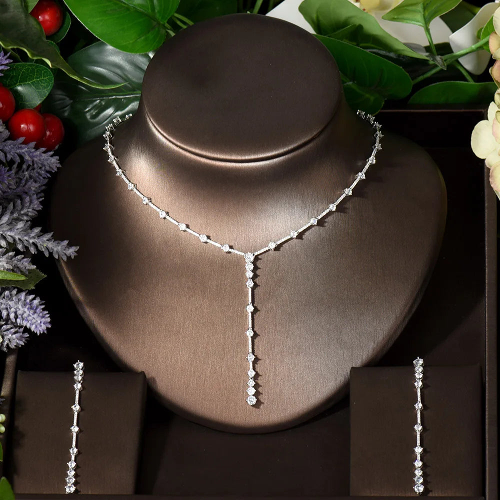 HIBRIDE Long Round 2pcs Necklace and Earring Sets Cubic Zirconia Jewelry Sets for Women Bridal Wedding Party Accessories N-1439