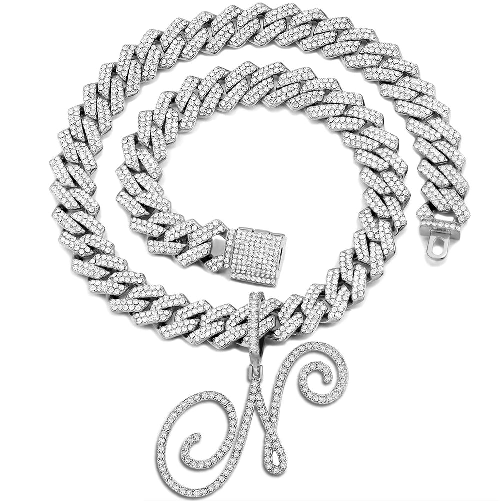 Iced Out Bling Zircon Cursive Letter Pendant Necklace For Women Men 14MM Prong Cuban Initial Name Necklaces Gifts Jewelry