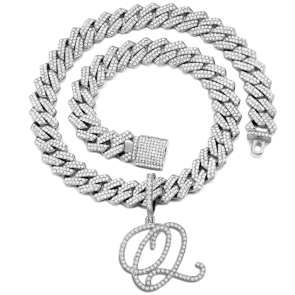 Iced Out Bling Zircon Cursive Letter Pendant Necklace For Women Men 14MM Prong Cuban Initial Name Necklaces Gifts Jewelry