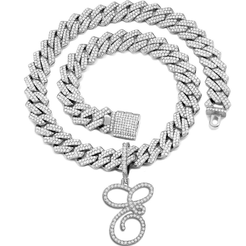 Iced Out Bling Zircon Cursive Letter Pendant Necklace For Women Men 14MM Prong Cuban Initial Name Necklaces Gifts Jewelry
