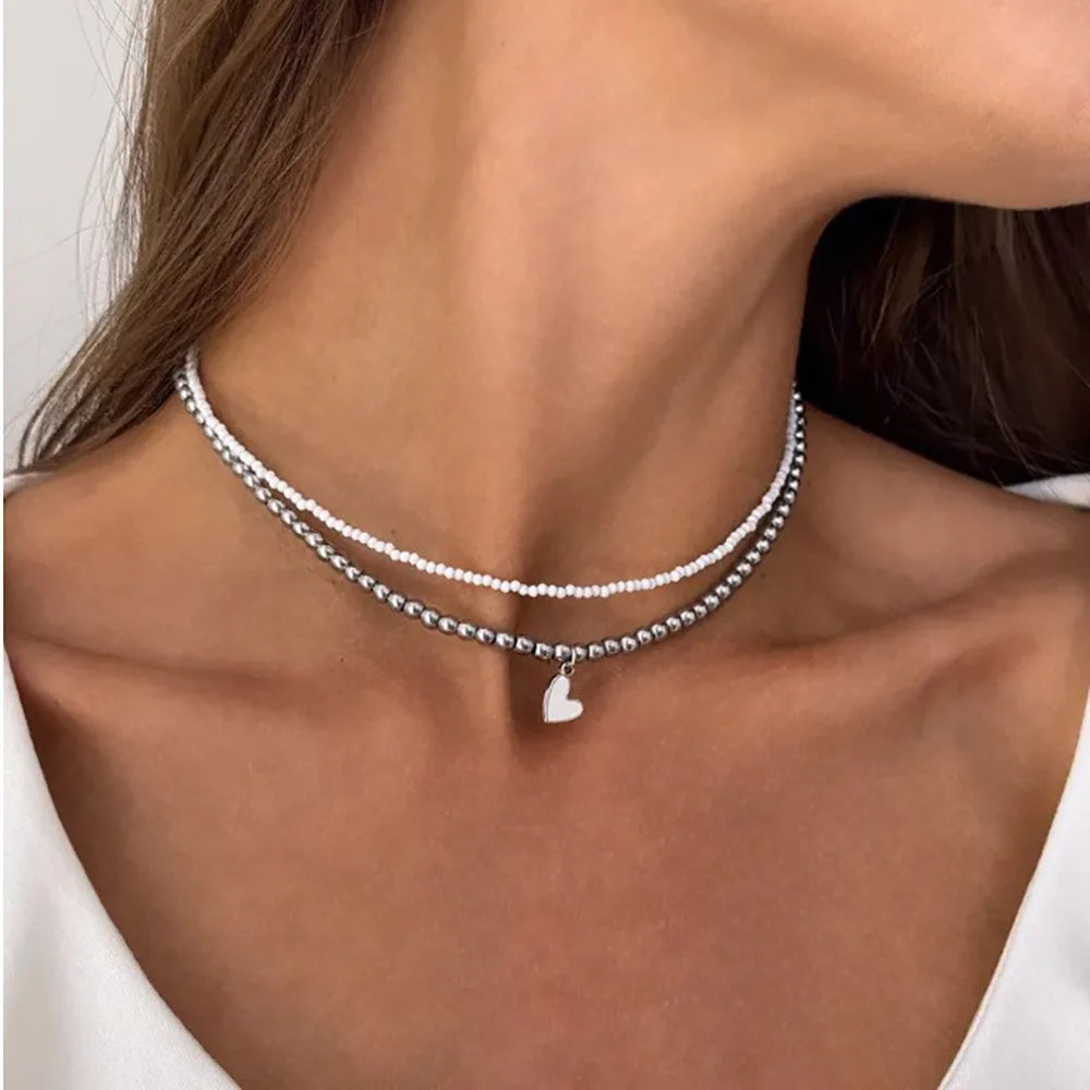 2pcs/set Y2k Bead Heart-Shaped Choker Necklaces Chain Jewellery Women Glass Multilayer Multiayer Charm Necklace Girls Gifts