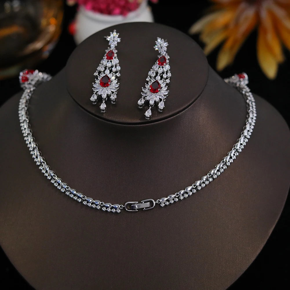 Bridal 2pcs Red And Blue Green Color Zirconia Big Jewelry Gift Set For Women Party, Luxury Dubai Nigeria CZ Crystal Wedding