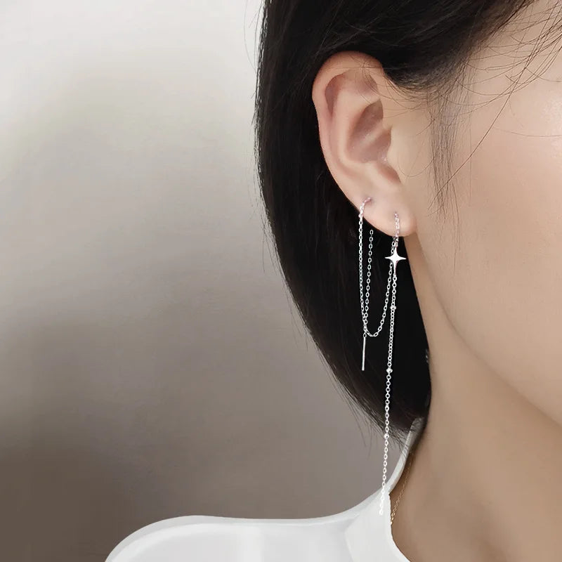 Silver Color Crystal Tassel Non-Piercing Cuff Ear Clip Earring For Women Shiny Rhinestone Cartilage Piercing Jewelry