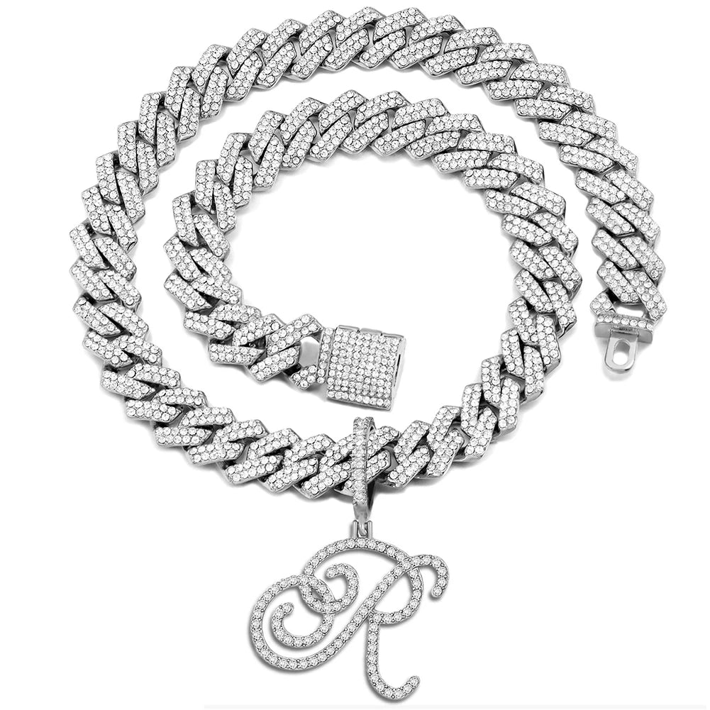 Iced Out Bling Zircon Cursive Letter Pendant Necklace For Women Men 14MM Prong Cuban Initial Name Necklaces Gifts Jewelry