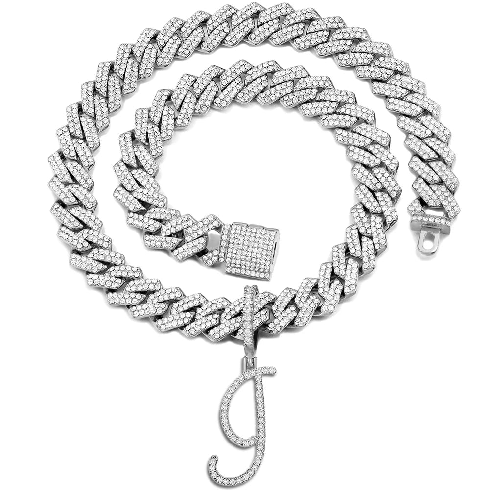 Iced Out Bling Zircon Cursive Letter Pendant Necklace For Women Men 14MM Prong Cuban Initial Name Necklaces Gifts Jewelry