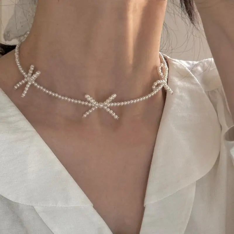 Delicate Y2K Jewelry Sweet Pearl Bowknot Necklaces Simple Style Short Clavicle Chains Choker for Women Girls Anniversary Party