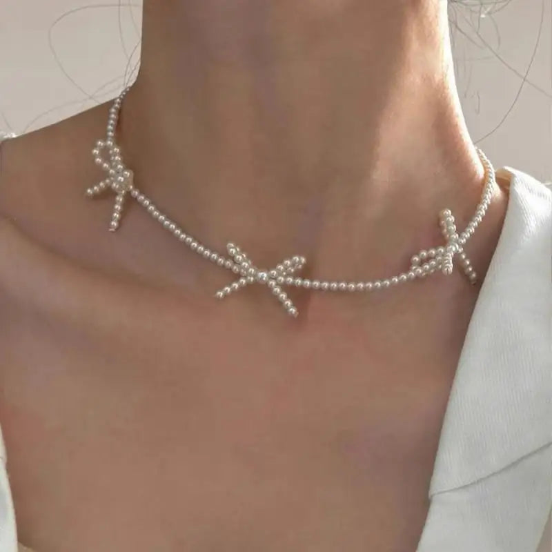Delicate Y2K Jewelry Sweet Pearl Bowknot Necklaces Simple Style Short Clavicle Chains Choker for Women Girls Anniversary Party