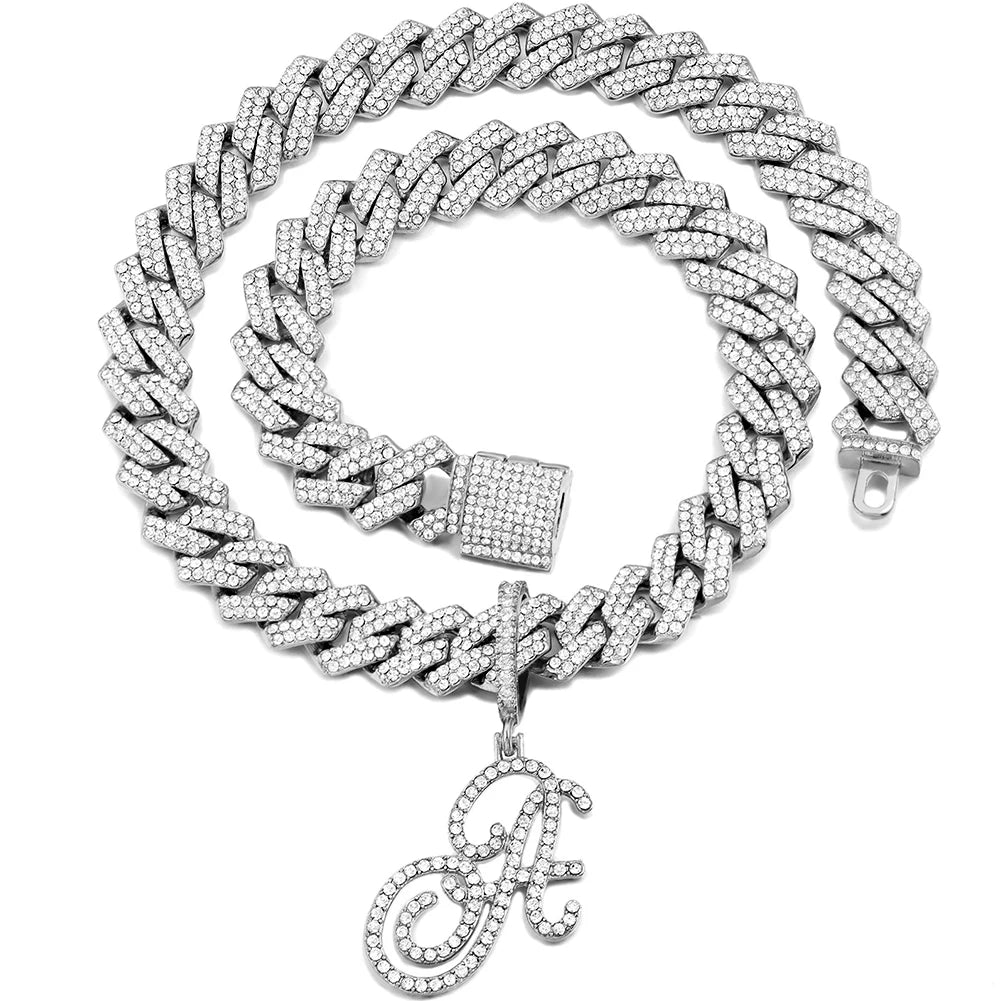 Iced Out Bling Zircon Cursive Letter Pendant Necklace For Women Men 14MM Prong Cuban Initial Name Necklaces Gifts Jewelry