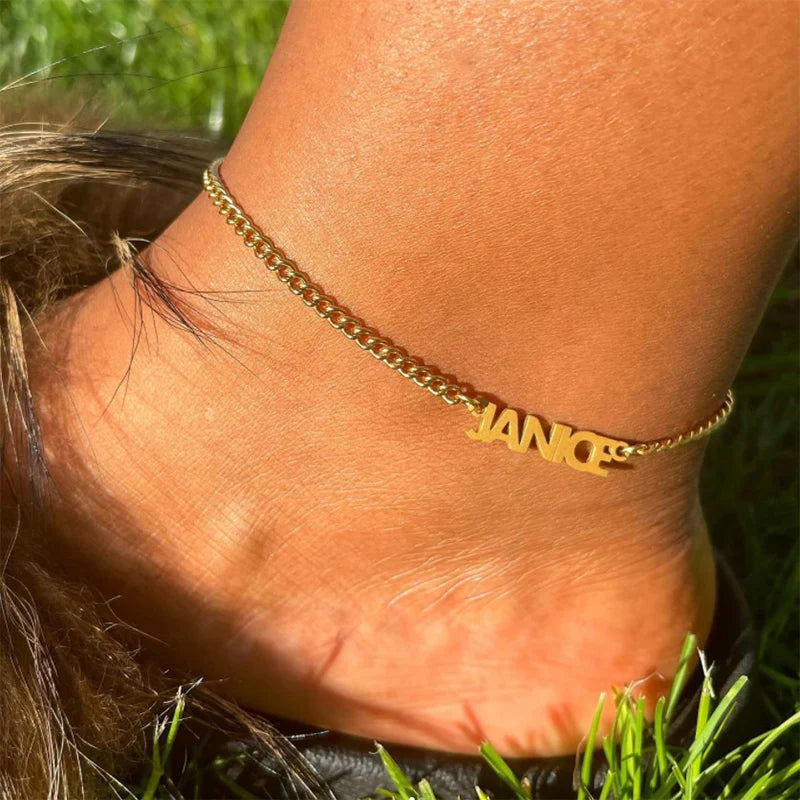 Custom Name Anklet For Women Stainless Steel Cuban Chain Personalized Nameplate Leg Chain Foot Jewelry Gift
