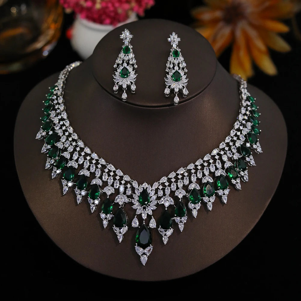Bridal 2pcs Red And Blue Green Color Zirconia Big Jewelry Gift Set For Women Party, Luxury Dubai Nigeria CZ Crystal Wedding