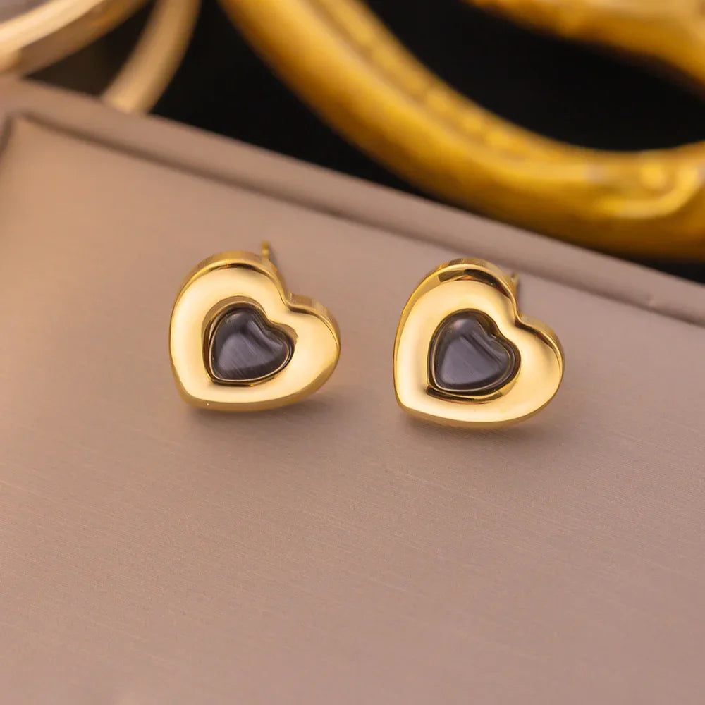 316L Stainless Steel Simple Cute Black And White Heart Stud Earrings For Women Fashion Girls Gold Color Jewelry Birthday Gifts