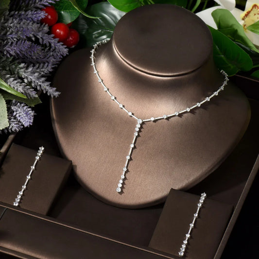 HIBRIDE Long Round 2pcs Necklace and Earring Sets Cubic Zirconia Jewelry Sets for Women Bridal Wedding Party Accessories N-1439