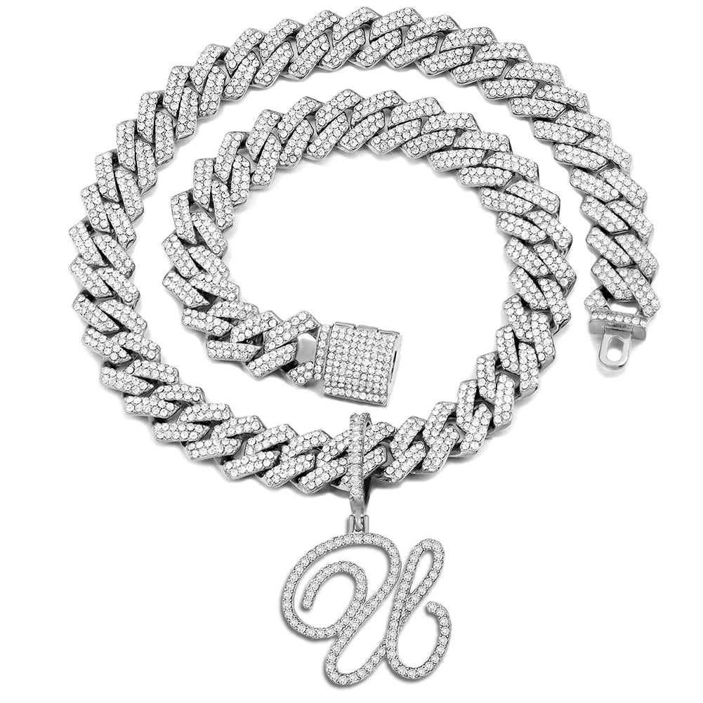 Iced Out Bling Zircon Cursive Letter Pendant Necklace For Women Men 14MM Prong Cuban Initial Name Necklaces Gifts Jewelry