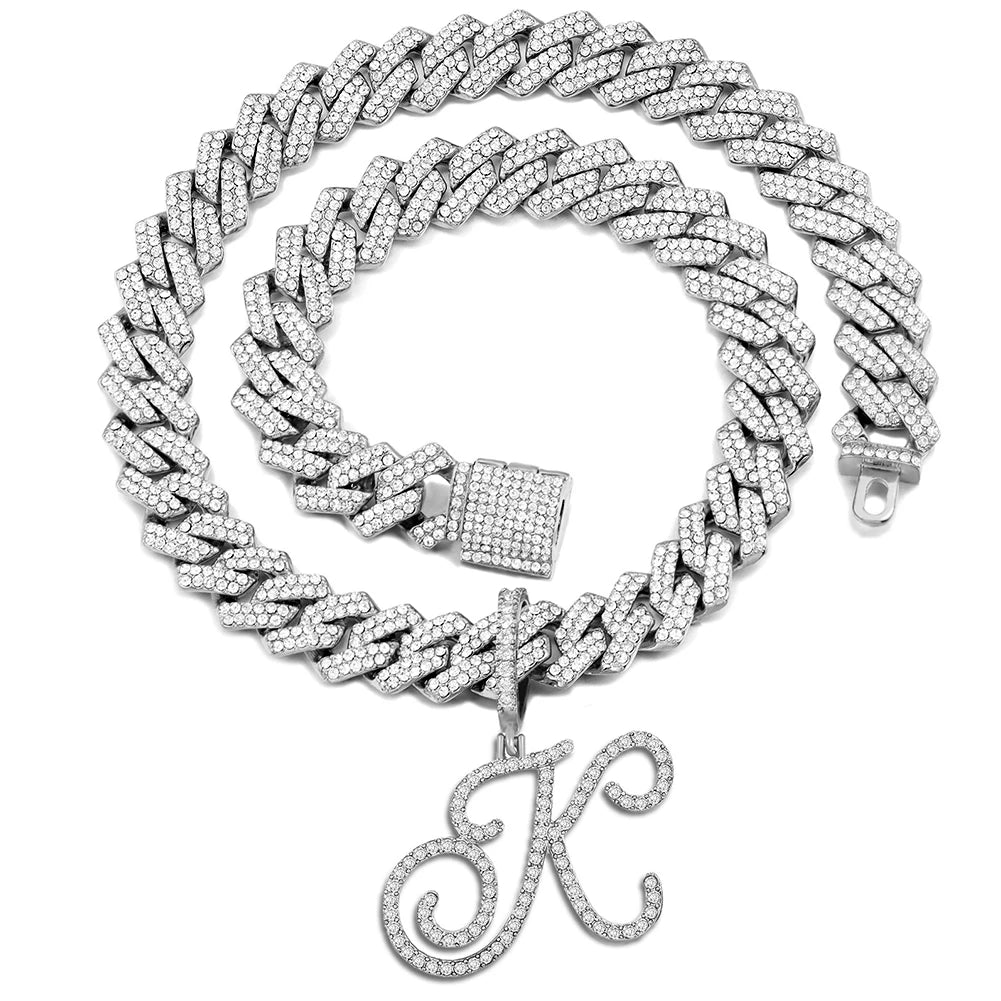 Iced Out Bling Zircon Cursive Letter Pendant Necklace For Women Men 14MM Prong Cuban Initial Name Necklaces Gifts Jewelry