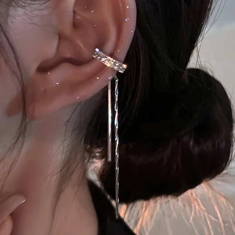 Silver Color Crystal Tassel Non-Piercing Cuff Ear Clip Earring For Women Shiny Rhinestone Cartilage Piercing Jewelry