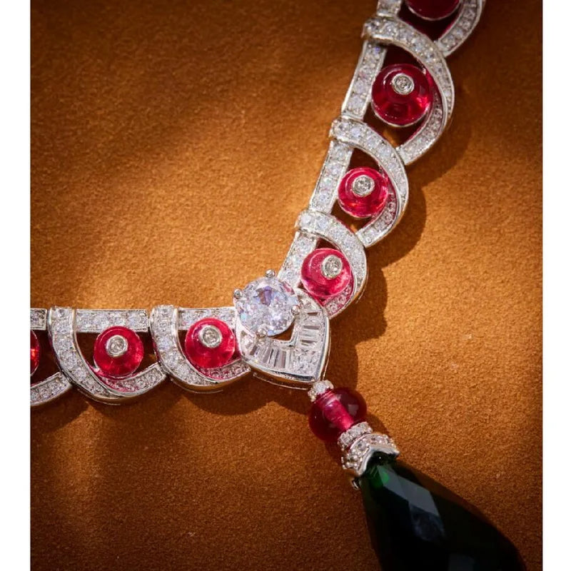 Designer Collection Style Earrings Necklace Women Inlay Cubic Zircon Drop-shaped Synthetic Green Gem Pendant Jewelry Sets