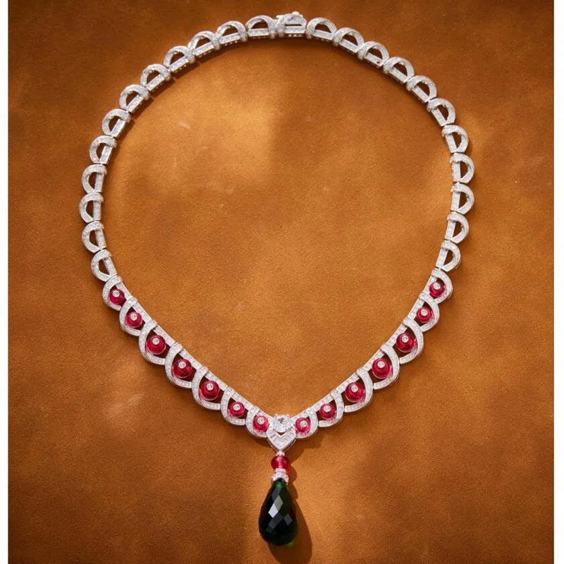 Designer Collection Style Earrings Necklace Women Inlay Cubic Zircon Drop-shaped Synthetic Green Gem Pendant Jewelry Sets