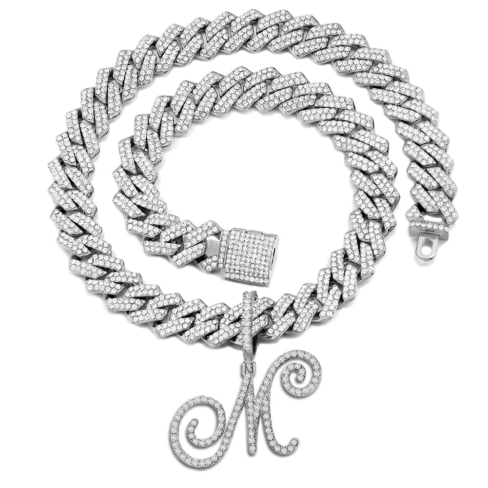 Iced Out Bling Zircon Cursive Letter Pendant Necklace For Women Men 14MM Prong Cuban Initial Name Necklaces Gifts Jewelry
