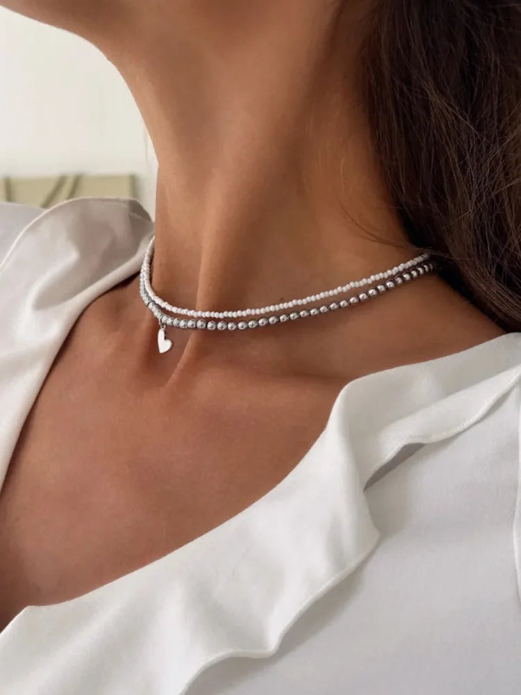 2pcs/set Y2k Bead Heart-Shaped Choker Necklaces Chain Jewellery Women Glass Multilayer Multiayer Charm Necklace Girls Gifts