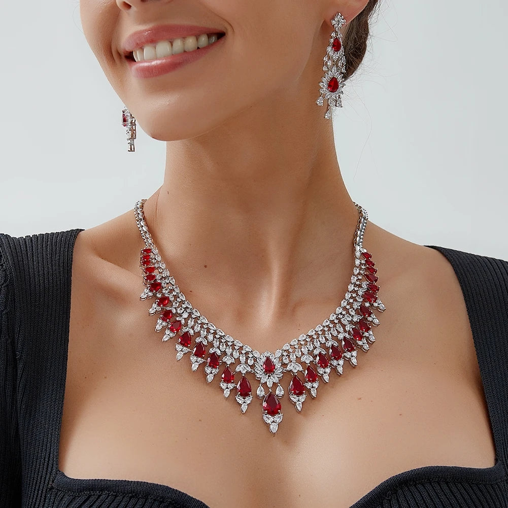 Bridal 2pcs Red And Blue Green Color Zirconia Big Jewelry Gift Set For Women Party, Luxury Dubai Nigeria CZ Crystal Wedding