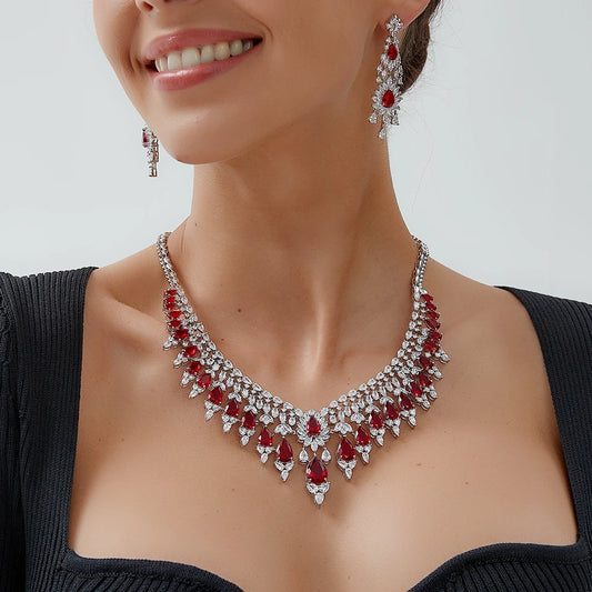 Bridal 2pcs Red And Blue Green Color Zirconia Big Jewelry Gift Set For Women Party, Luxury Dubai Nigeria CZ Crystal Wedding