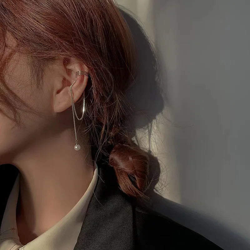 Silver Color Crystal Tassel Non-Piercing Cuff Ear Clip Earring For Women Shiny Rhinestone Cartilage Piercing Jewelry