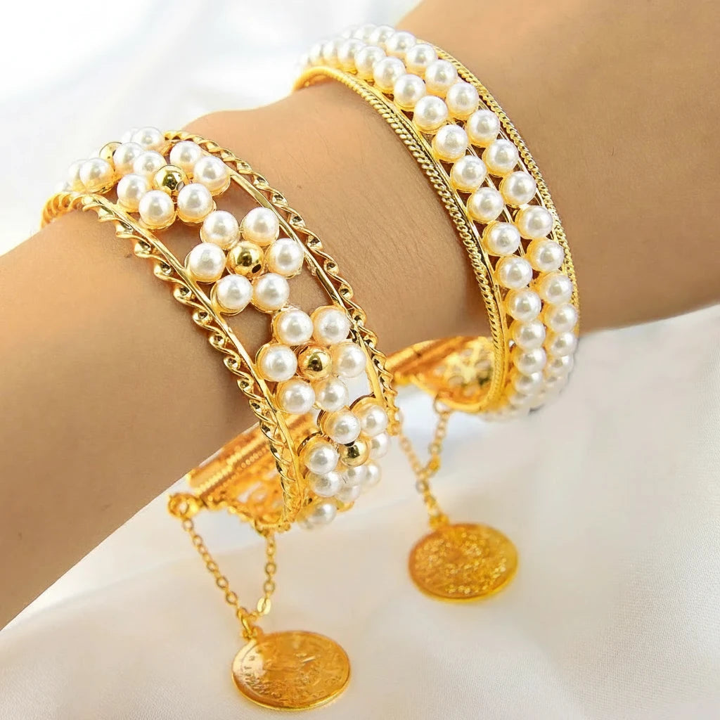 Italian Elegant Pearls Gold Color Bracelets 21k Gold Plated Luxury Cuff Bangles Arab Brazilian Women Mother's Day Party Jewelry