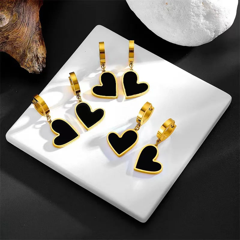 ANENJERY 316L Stainless Steel Black Shell Heart Drop Earrings for Women Designed Simple Hoop Earrings Jewelry Accessory