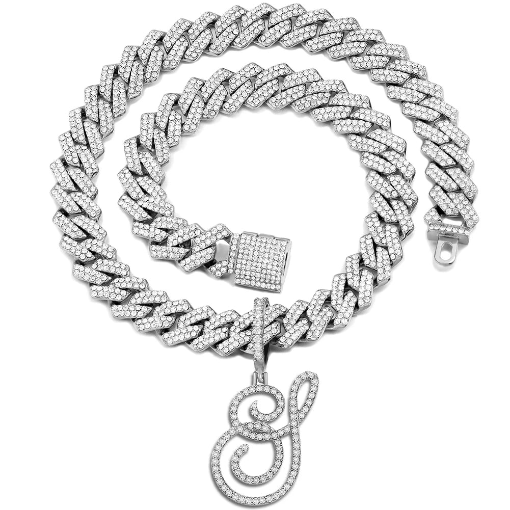 Iced Out Bling Zircon Cursive Letter Pendant Necklace For Women Men 14MM Prong Cuban Initial Name Necklaces Gifts Jewelry