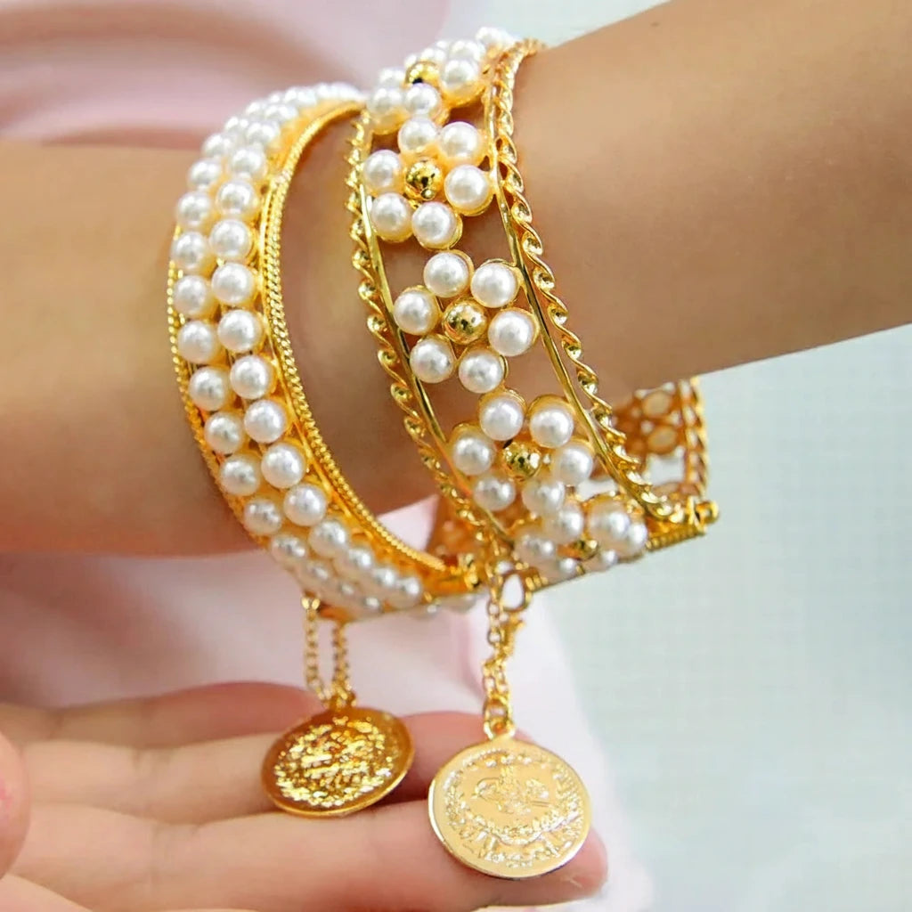 Italian Elegant Pearls Gold Color Bracelets 21k Gold Plated Luxury Cuff Bangles Arab Brazilian Women Mother's Day Party Jewelry