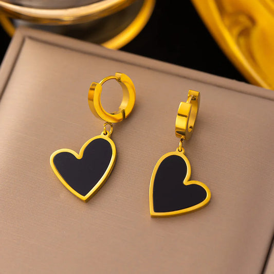 ANENJERY 316L Stainless Steel Black Shell Heart Drop Earrings for Women Designed Simple Hoop Earrings Jewelry Accessory
