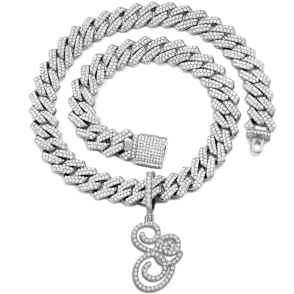 Iced Out Bling Zircon Cursive Letter Pendant Necklace For Women Men 14MM Prong Cuban Initial Name Necklaces Gifts Jewelry