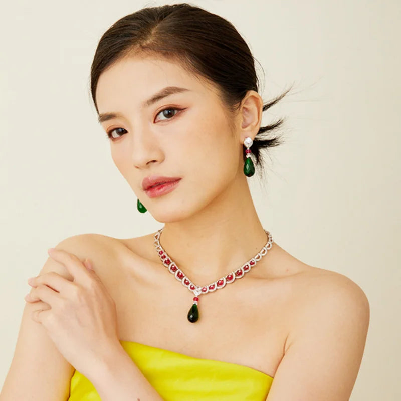Designer Collection Style Earrings Necklace Women Inlay Cubic Zircon Drop-shaped Synthetic Green Gem Pendant Jewelry Sets