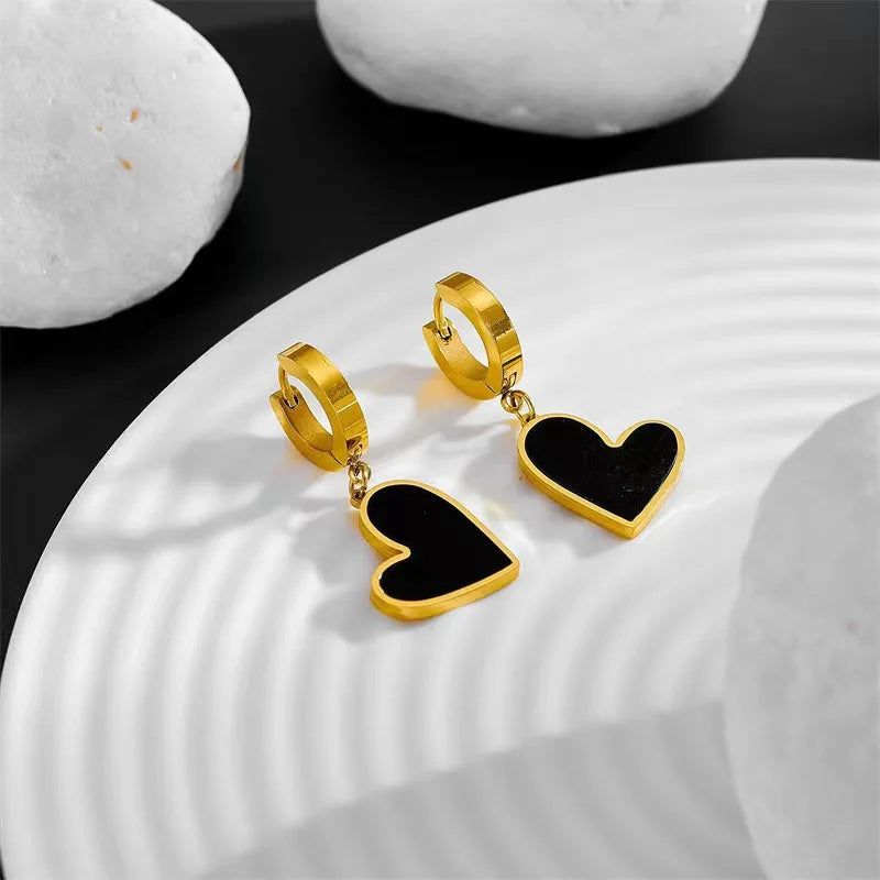 ANENJERY 316L Stainless Steel Black Shell Heart Drop Earrings for Women Designed Simple Hoop Earrings Jewelry Accessory