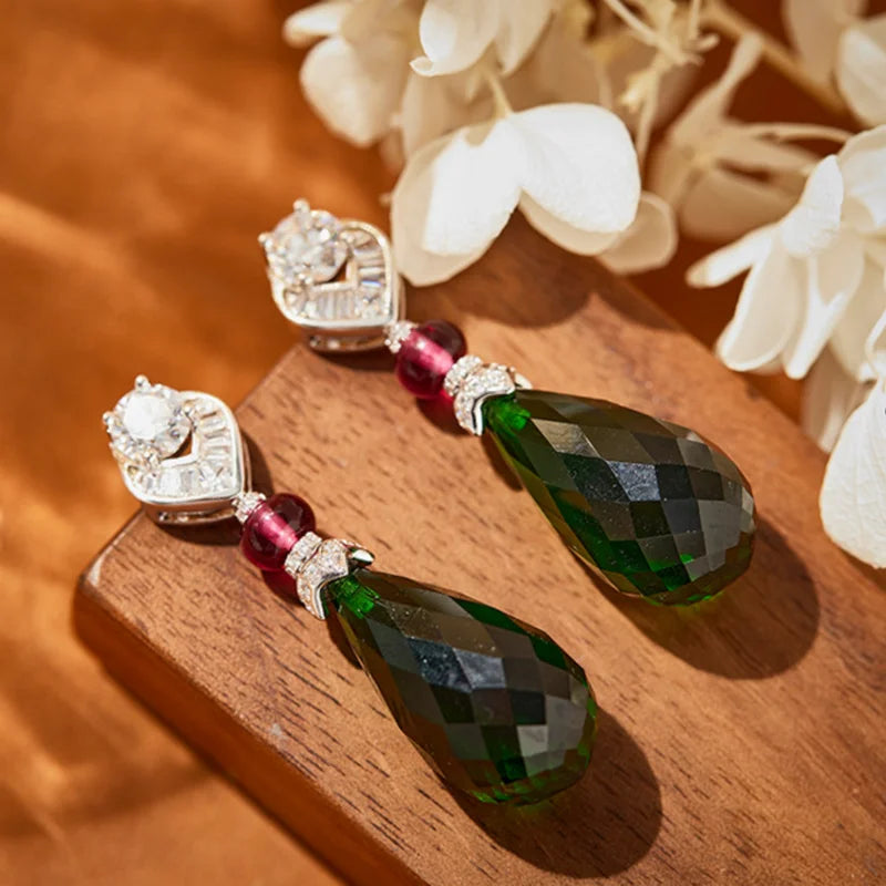 Designer Collection Style Earrings Necklace Women Inlay Cubic Zircon Drop-shaped Synthetic Green Gem Pendant Jewelry Sets