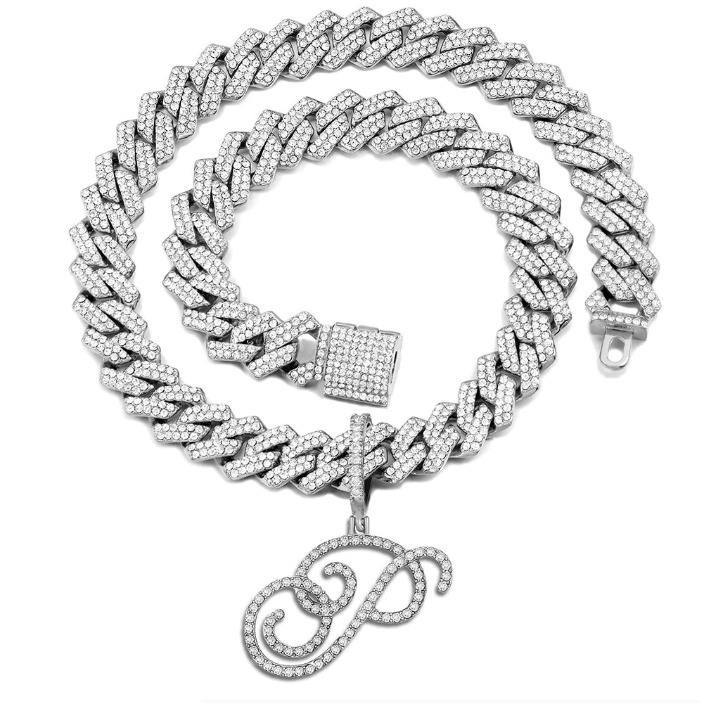Iced Out Bling Zircon Cursive Letter Pendant Necklace For Women Men 14MM Prong Cuban Initial Name Necklaces Gifts Jewelry