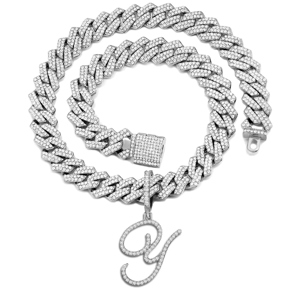 Iced Out Bling Zircon Cursive Letter Pendant Necklace For Women Men 14MM Prong Cuban Initial Name Necklaces Gifts Jewelry