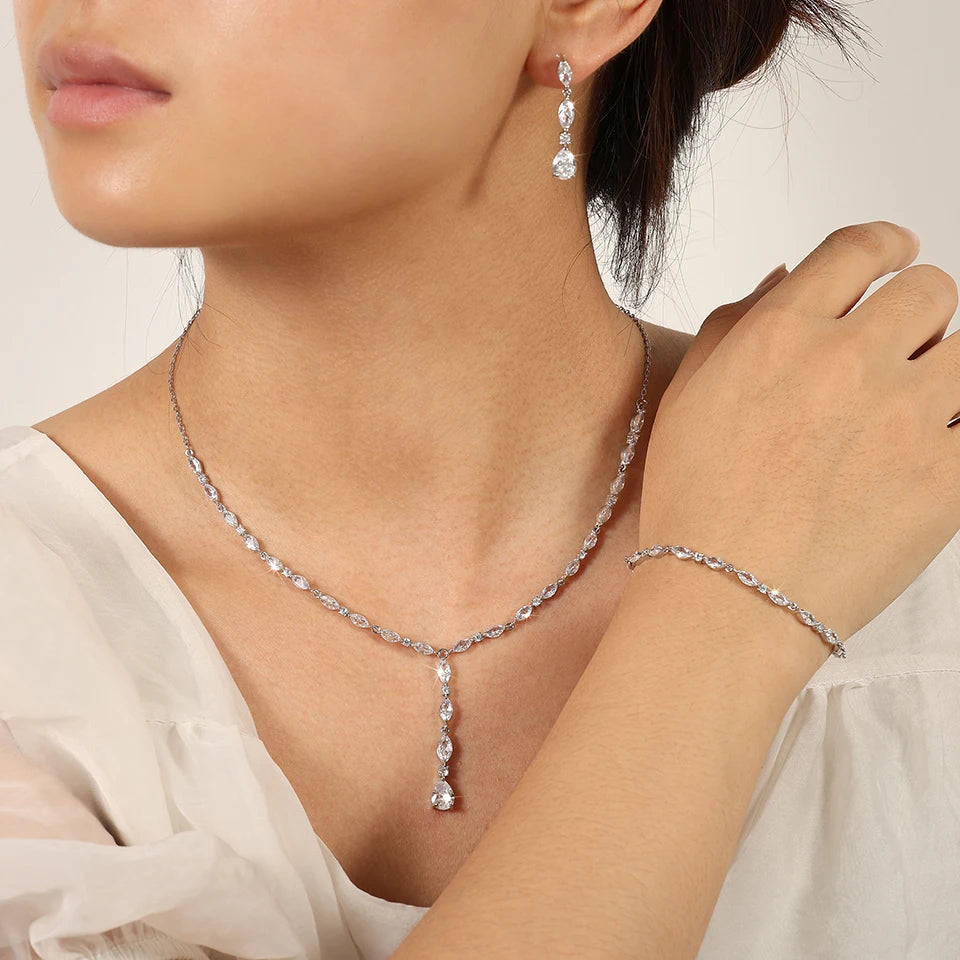 ZAKOL Brilliant Crystal Zirconia Earrings Necklace Bracelets 3pcs Jewelry Set For Women Wedding Dress Accessaries FSSP412