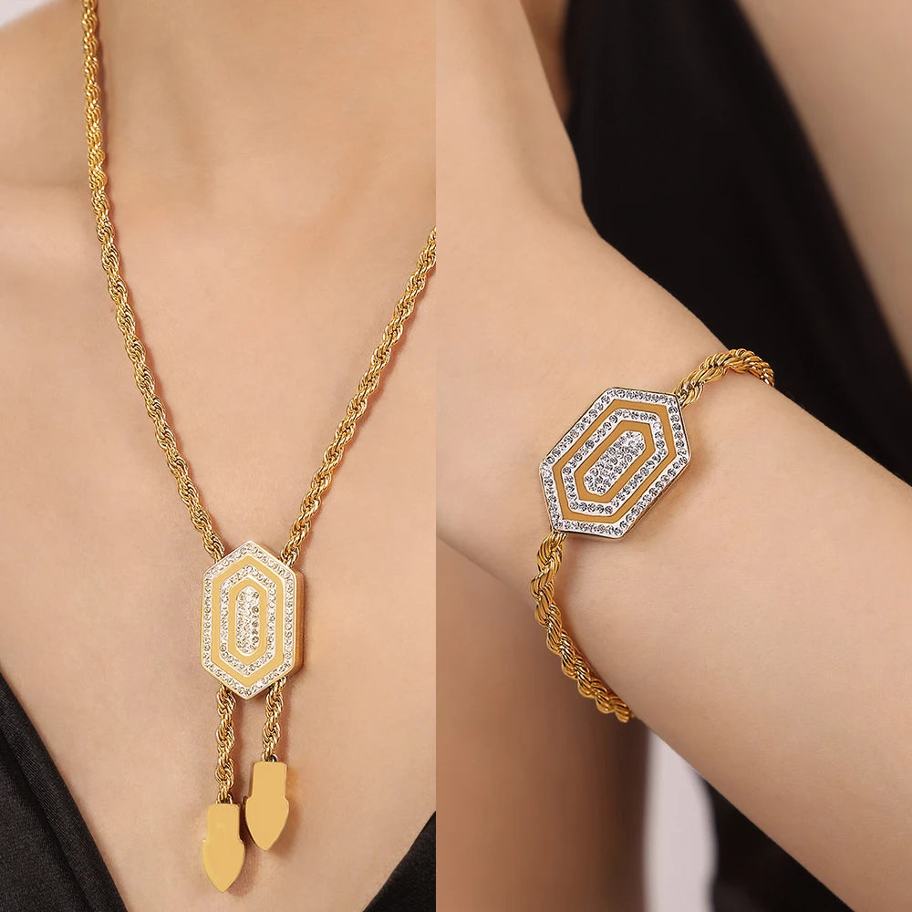 Bracelet Necklace Set For Women Twisted Chain with Hexagon CZ Pendant Bangle Premium Stainless Steel Jewelry Wholesale