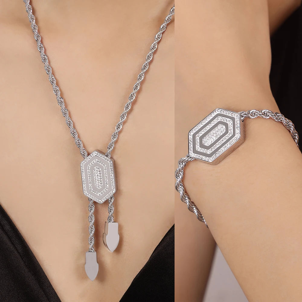 Bracelet Necklace Set For Women Twisted Chain with Hexagon CZ Pendant Bangle Premium Stainless Steel Jewelry Wholesale